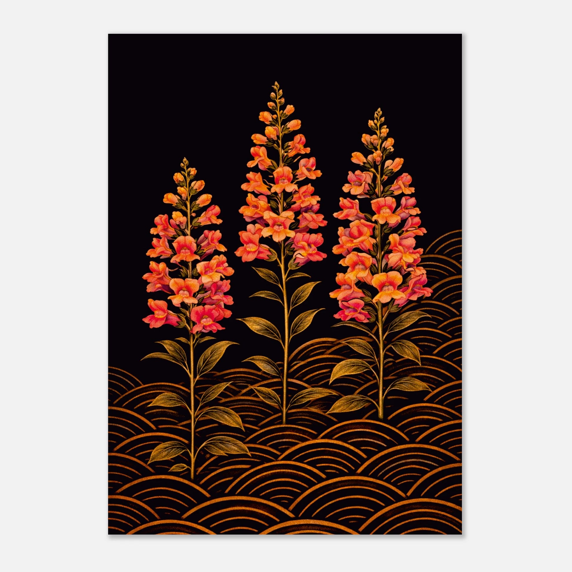 A vertical art print featuring three stylized orange and red flower spikes with gold leaves on a black background, with gold wave-like patterns along the bottom. The print is shown against a light gray background.