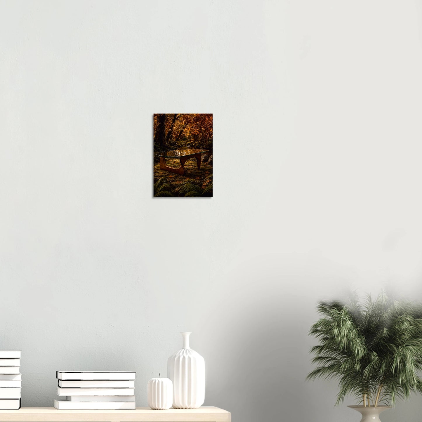 Noguchi-inspired coffee table in a moody autumnal forest. Amber and burnt orange giclee print inspired by original designs. 200gsm FSC paper. Ships worldwide. A4
