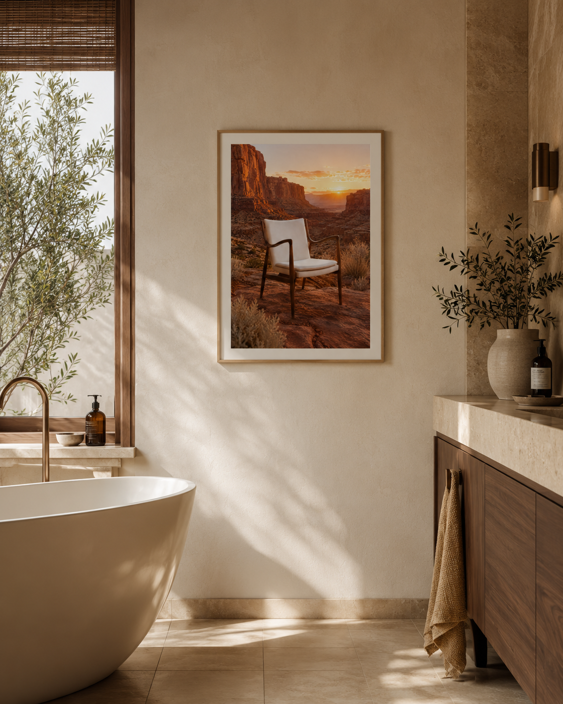 A framed art print depicting a white chair in a desert canyon at sunset, displayed on a beige wall in a modern, sunlit bathroom with a freestanding tub and wooden vanity.