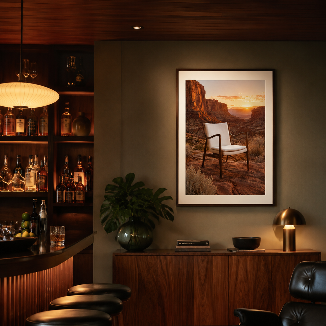The Chair Chased the Sunset and made it all the way to the canyon. A Finn Juhl 45 Chair-inspired piece, its sculpted dark wooden frame and cream upholstered seat perfectly composed, sits alone in a vast red canyon landscape as the sun burns low between the mesa walls. Everything is amber and terracotta and the particular kind of quiet that only exists at golden hour in a place this big. The chair looks completely at ease. It has been here before.