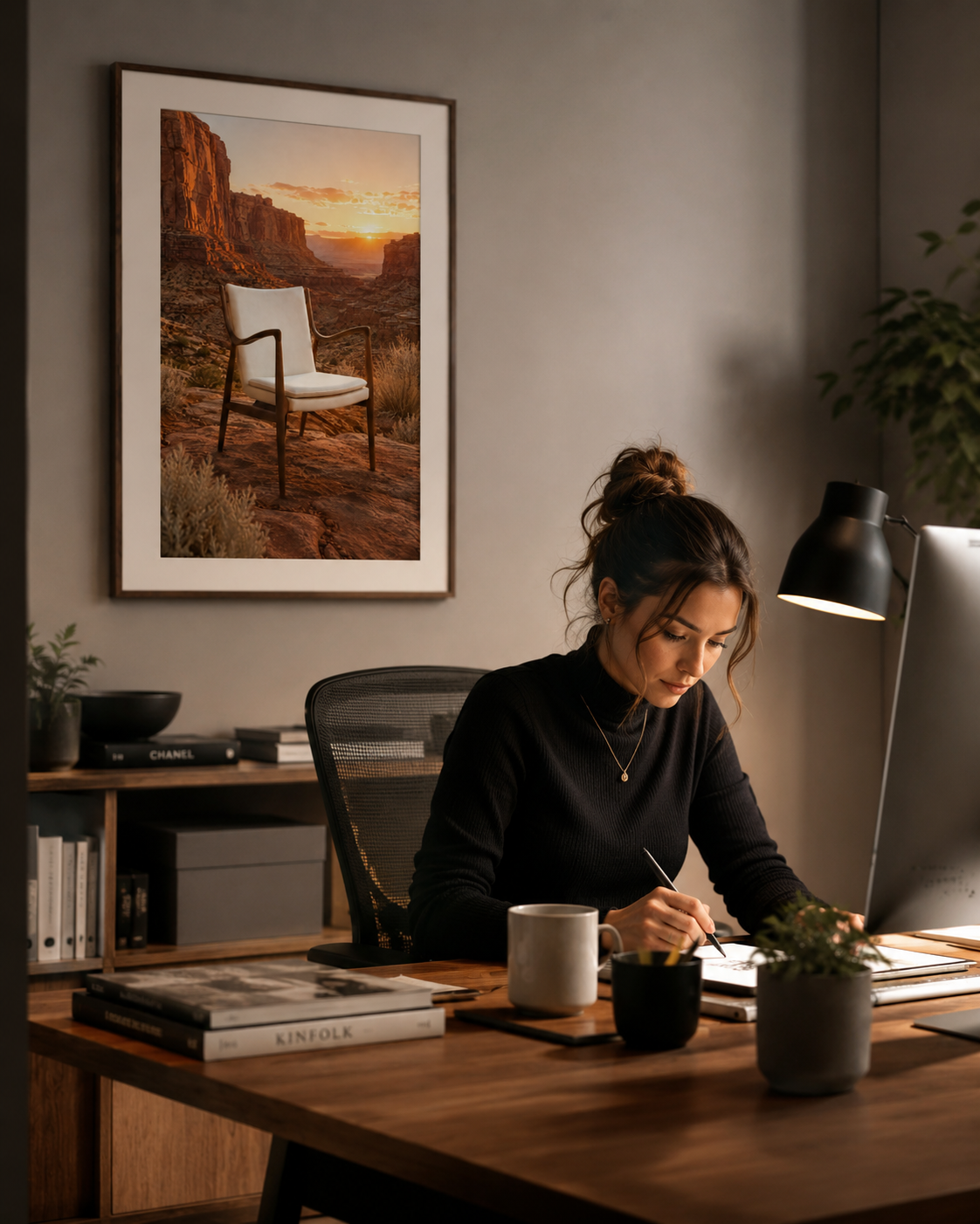 A woman sits at a wooden desk in a warmly lit home office, writing in a notebook. On the wall above her is a framed art print depicting a desert canyon landscape with a white chair silhouette and a golden sunset.