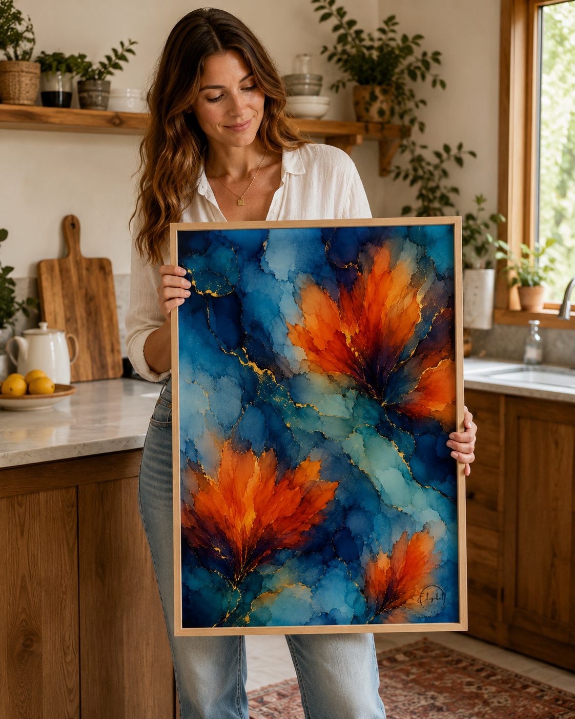 A woman in a white shirt and jeans holds up a framed abstract painting featuring vibrant orange and red floral-like shapes on a deep blue background, set in a warm, rustic kitchen environment.