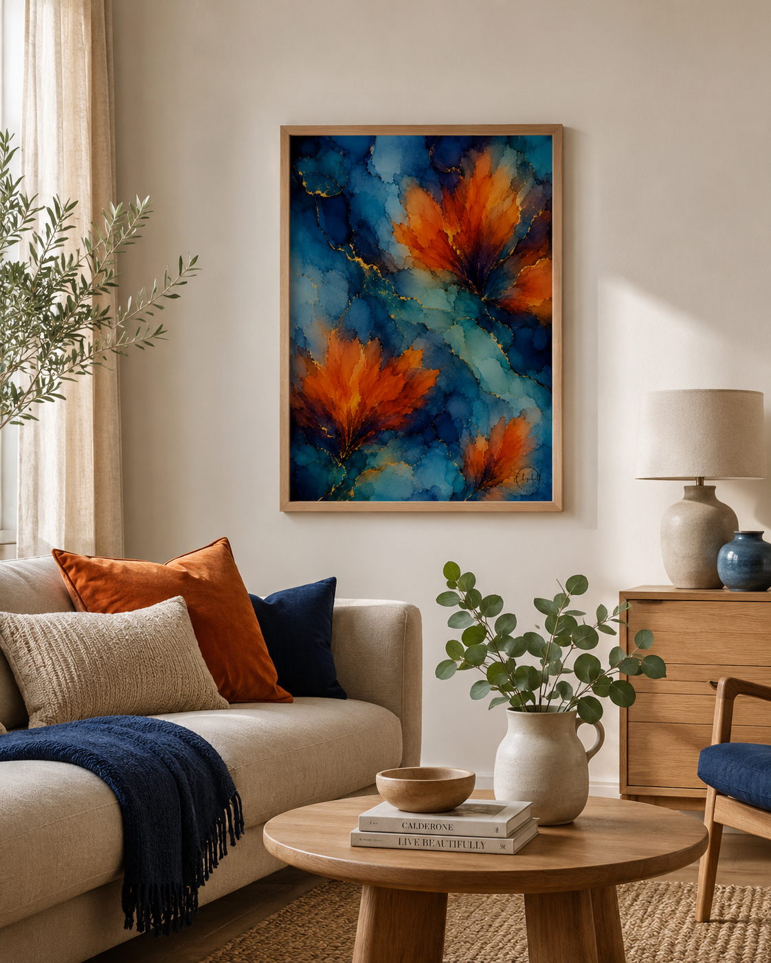 A framed abstract painting featuring vibrant orange and red floral-like forms on a deep blue background, displayed on a beige wall in a modern living room setting with a sofa, coffee table, and lamp.