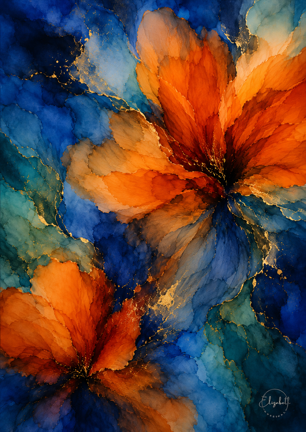 Abstract floral painting featuring two large orange flowers with deep blue and teal watercolor backgrounds and subtle gold veining.