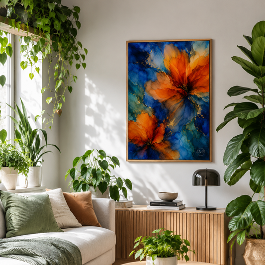 A framed abstract floral painting with vibrant orange and blue flowers hangs on a light gray wall in a modern, sunlit living room filled with green plants, a beige sofa, and a round wooden coffee table.