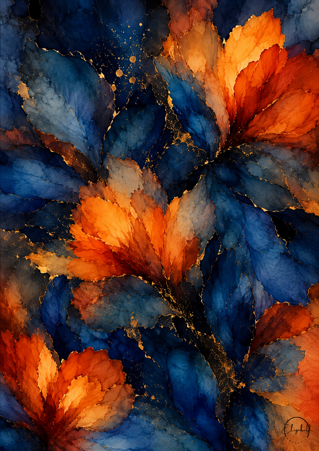 Abstract watercolor floral artwork with layered leaves and petals in deep blue, navy, orange, and rust tones, accented with metallic gold splatter details.