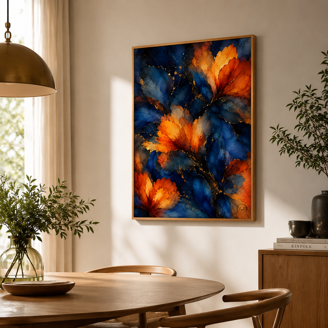 A framed abstract painting featuring vibrant blue and orange floral or leaf-like forms hanging on a light beige wall in a modern dining room setting with a wooden table and chairs.