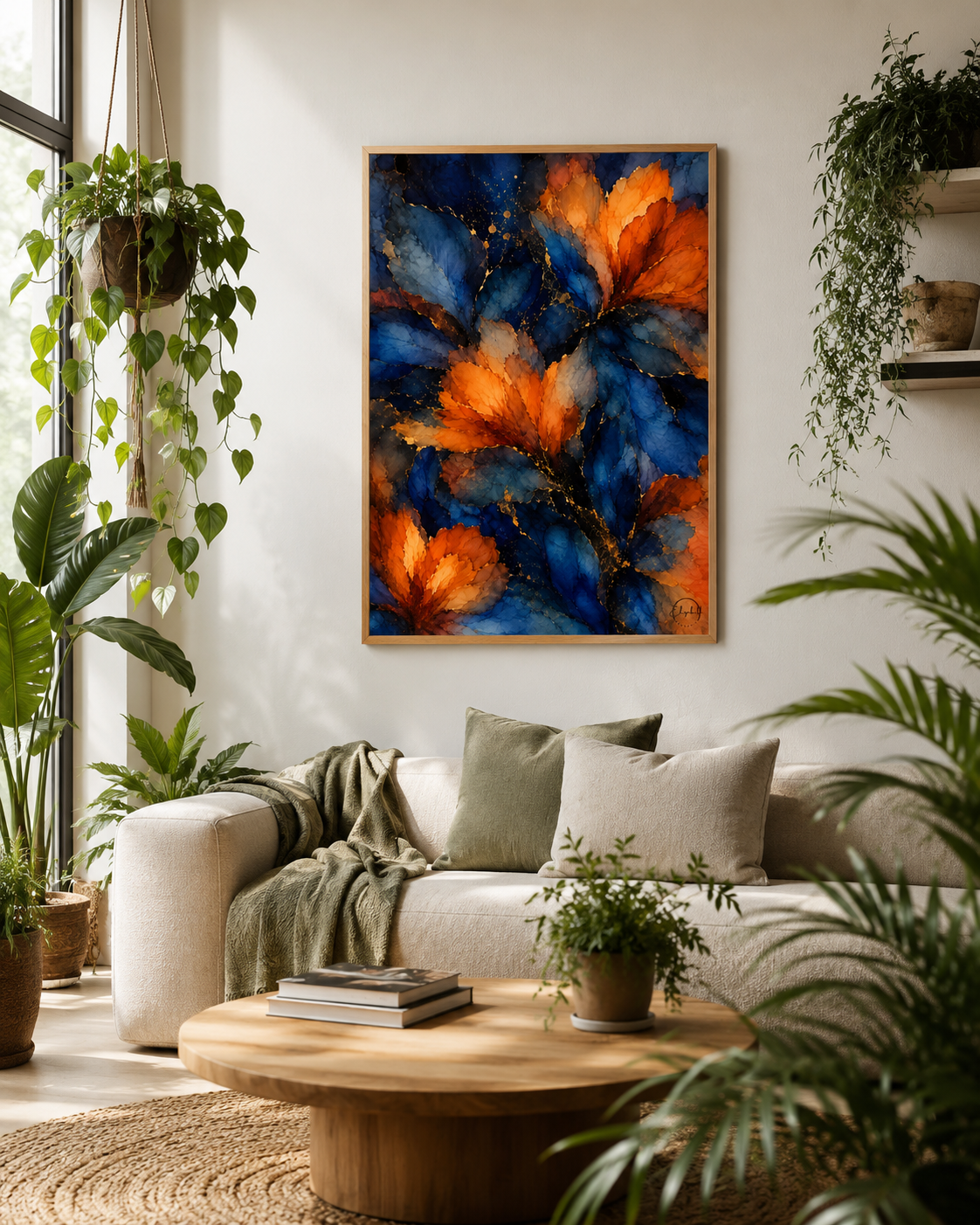 A framed abstract floral wall art print with vibrant orange and deep blue leaves, hanging on a white wall above a beige sofa in a sunlit living room filled with green plants.