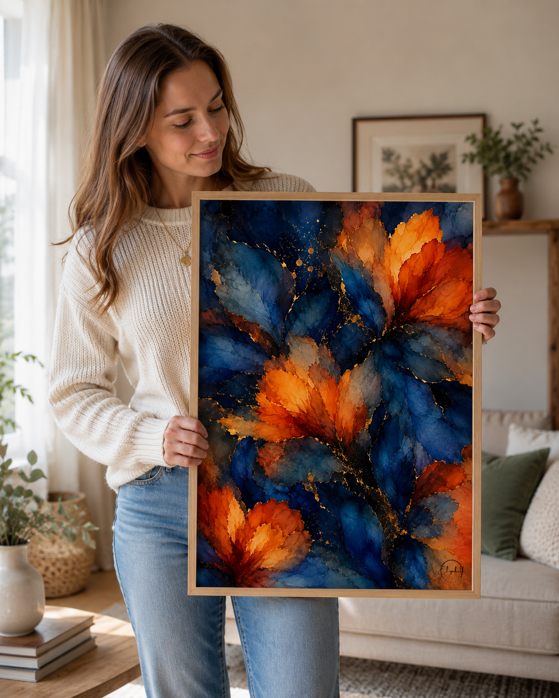 A woman in a cream ribbed sweater and blue jeans holds up a framed abstract painting featuring vibrant orange and deep blue leaves with gold glitter details, set in a bright, modern living room.