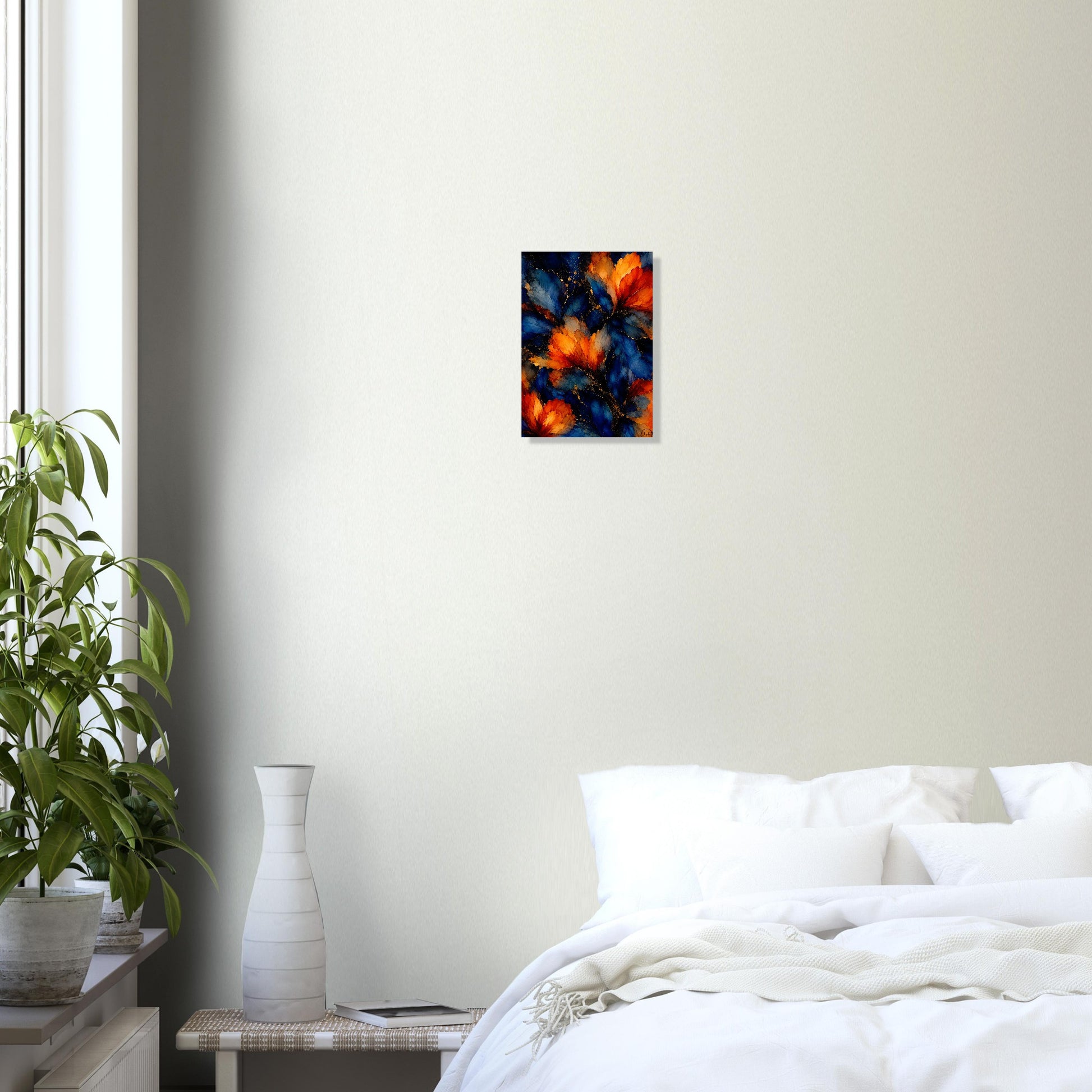Room interior with a painting of a woman on the wall, a bed with white bedding, and a plant.
