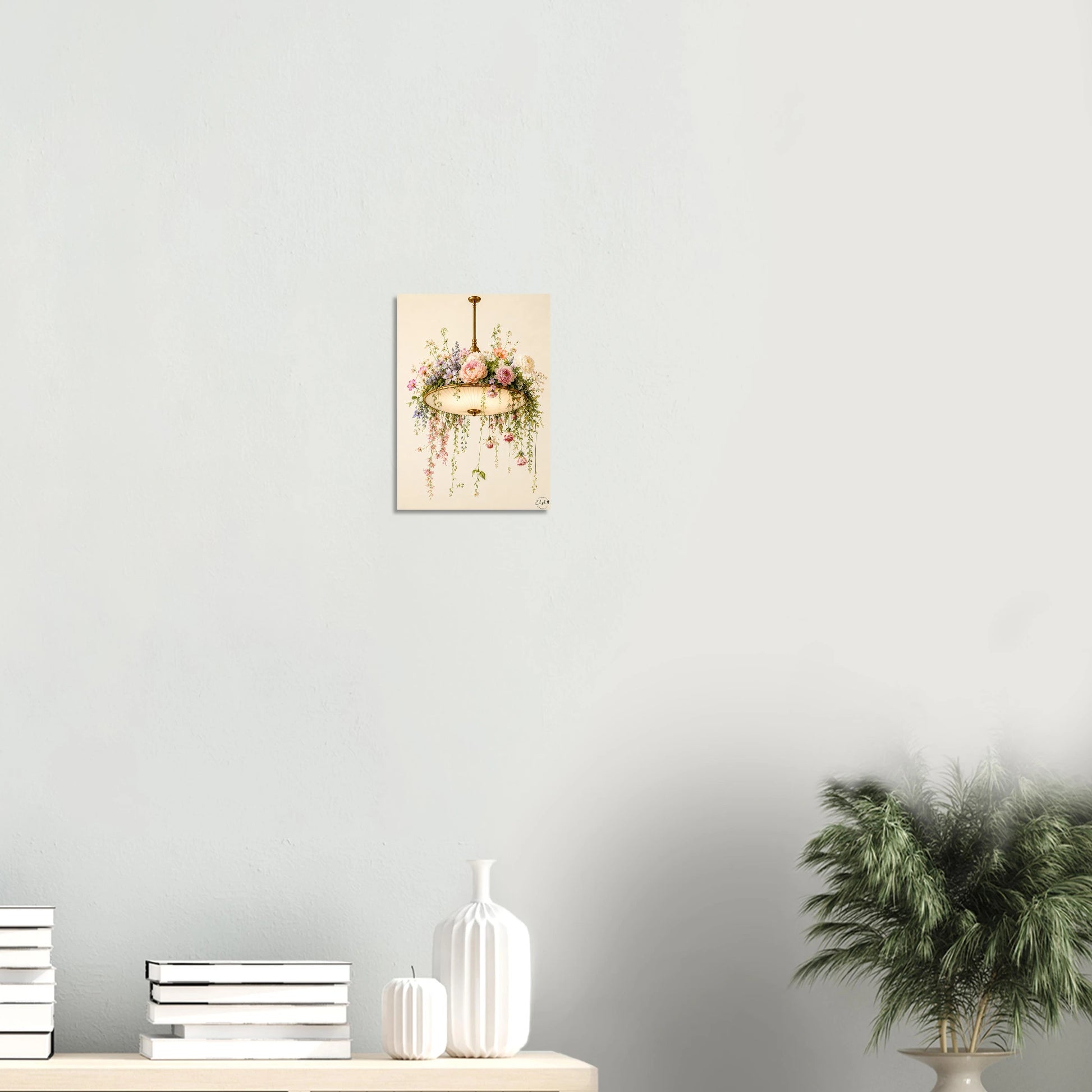 Colorful abstract painting on a white wall above a shelf with decorative items. floral saucer art print