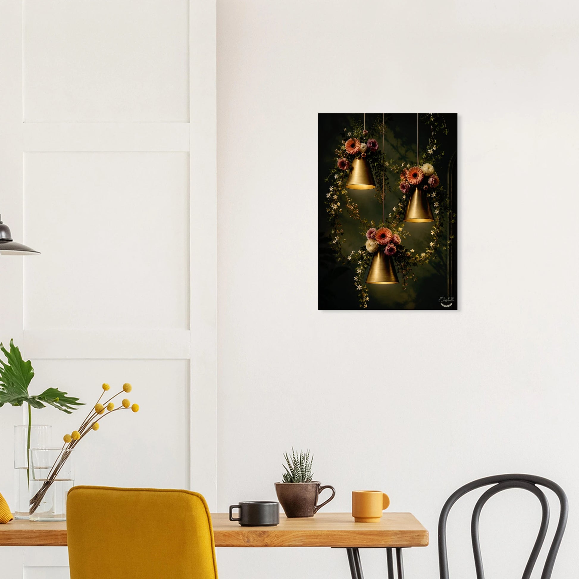 The Flowers Refused to Stay Grounded is exactly what it sounds like. Three glowing brass cone pendants hang heavy with dark botanical blooms, dusty rose and flowers winding their way up the cords and spilling over the shades, all set against a deep forest green that makes the gold burn even brighter. Moody, warm and completely unbothered by convention.