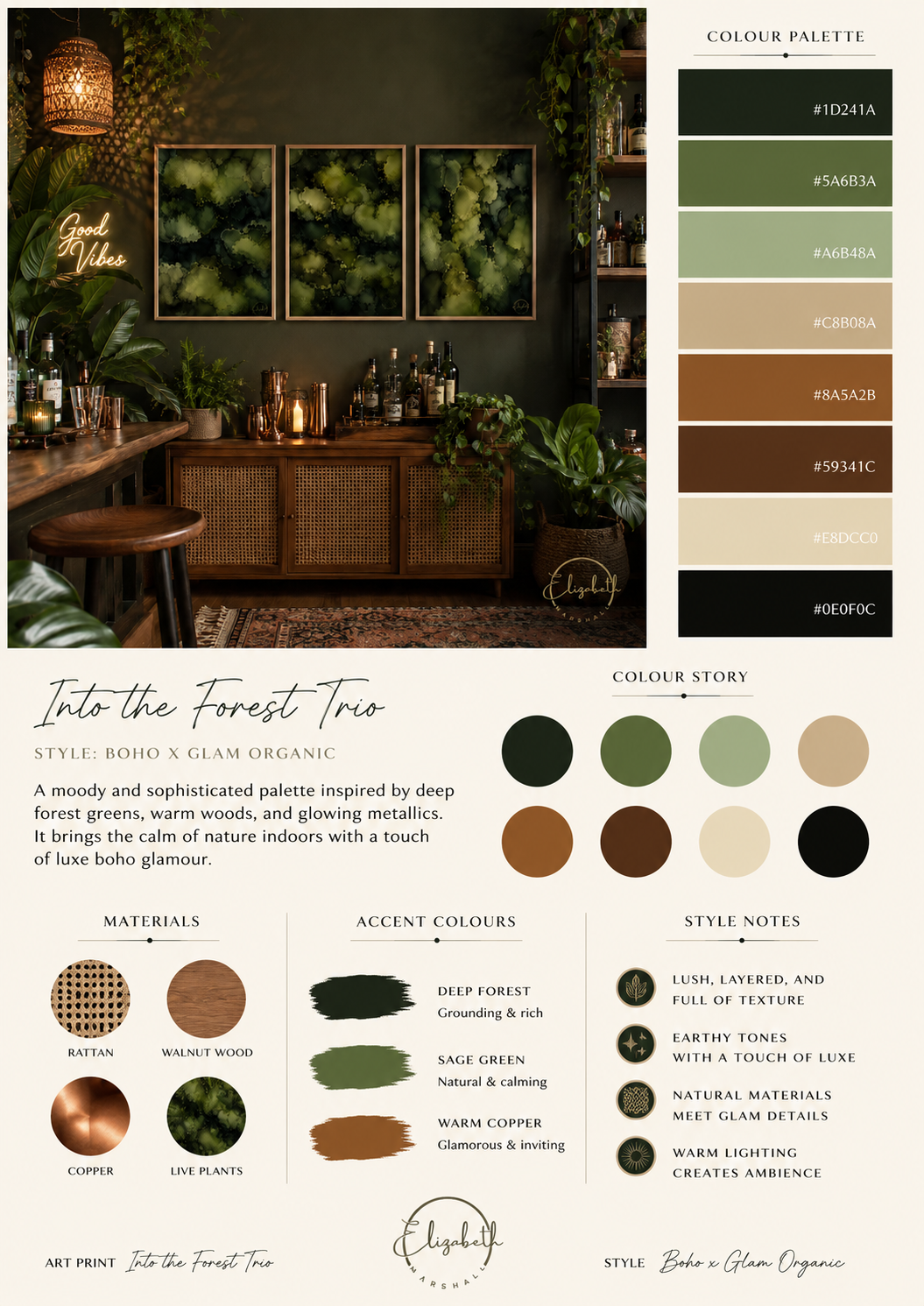A styled interior design board and color palette sheet for 'Into the Forest Trio' by Biker's Glam Organic. The top-left section shows a moody, rustic bar or bistro interior with warm lighting, dark wood cabinetry, and green plants.