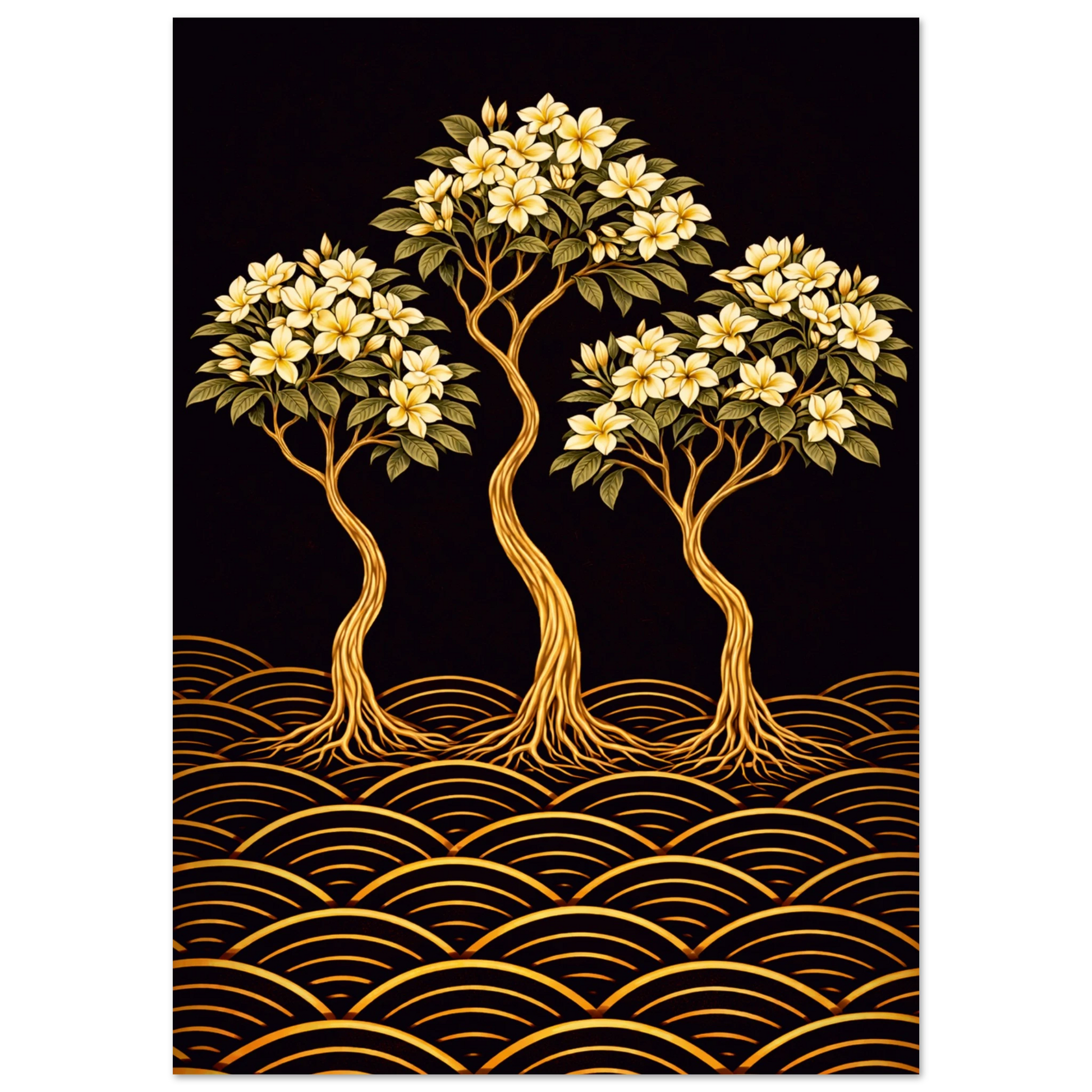 A vertical art print featuring three stylized golden trees with white flowers and green leaves, set against a black background with gold wave patterns along the bottom.