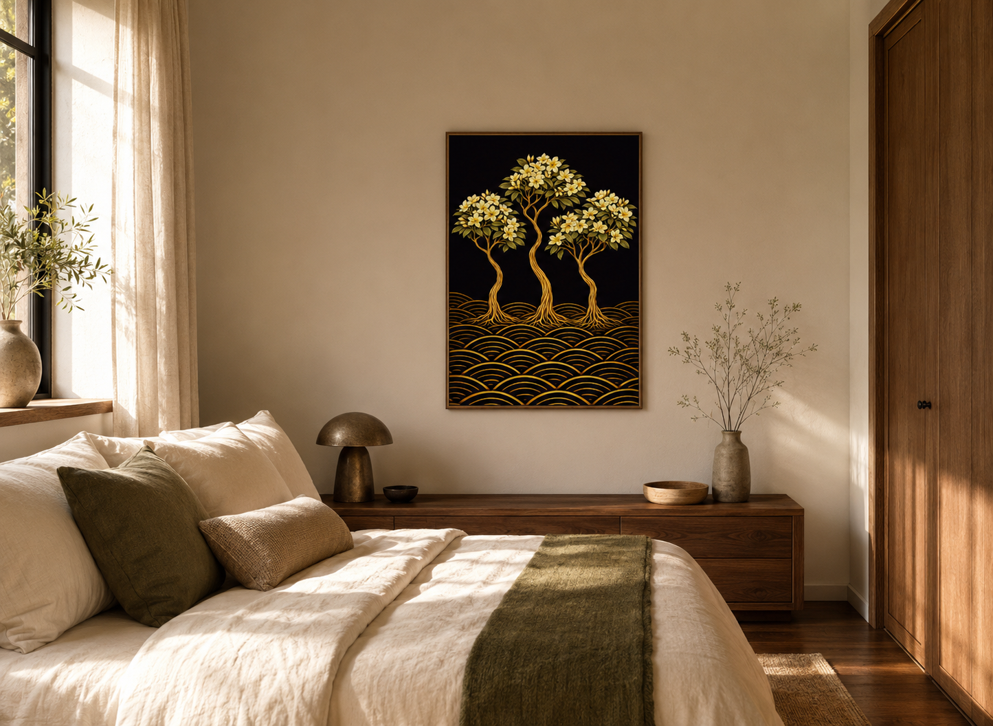A framed wall art print depicting three stylized trees with gold foliage on a black background and gold wave-like patterns below, displayed above a bed in a softly lit bedroom.