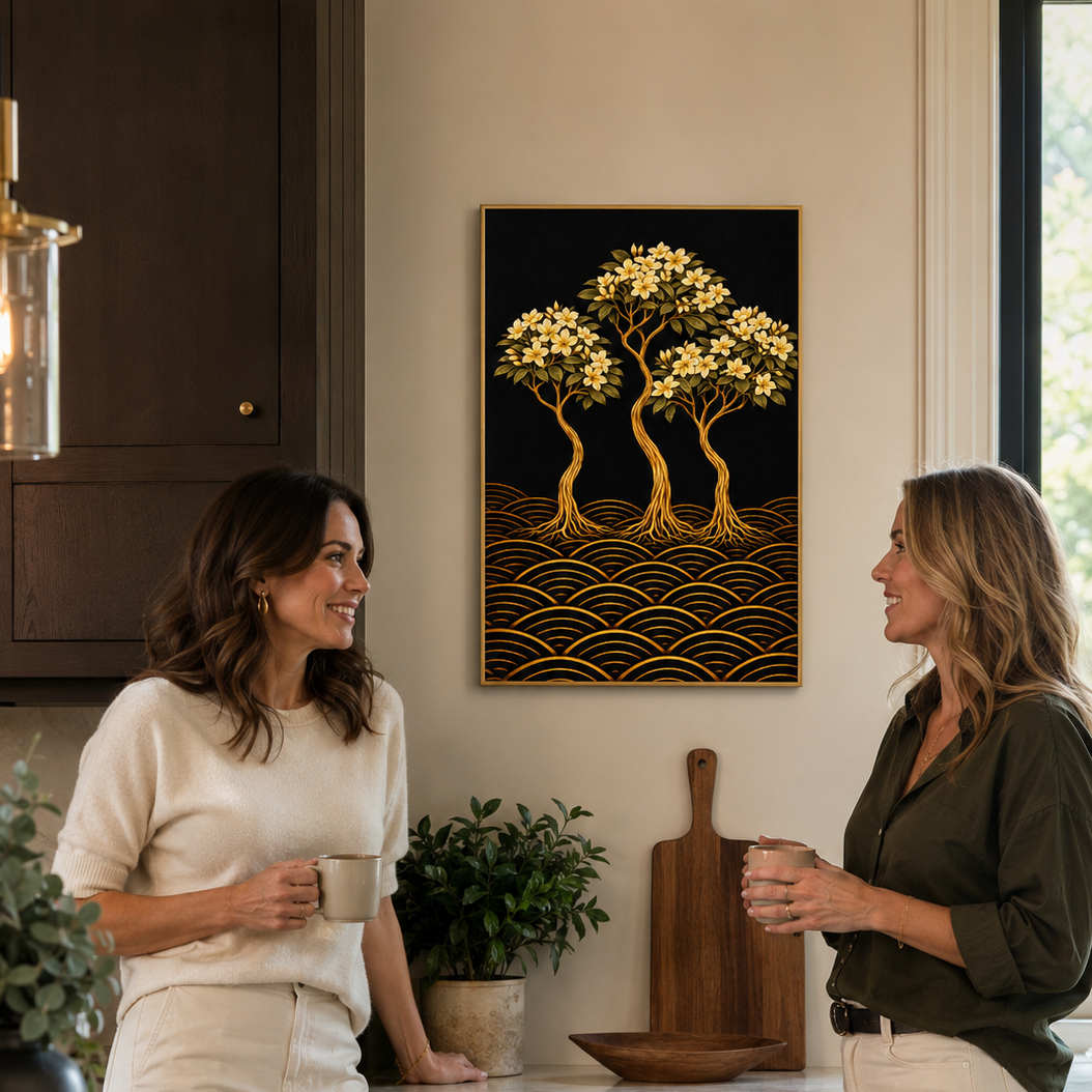 A framed wall art print featuring three stylized trees with gold foliage and wave-like gold patterns on a black background, hanging in a modern kitchen where two women are standing and smiling while holding mugs.