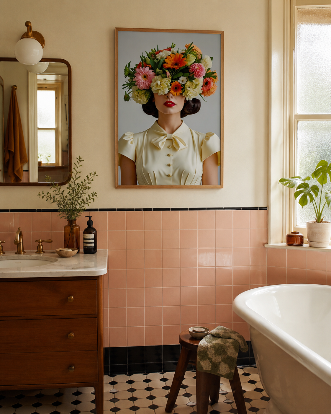 A framed art print featuring a woman with a colorful floral headpiece and pale yellow blouse, displayed on a beige wall in a retro-style bathroom with pink tiles, a wooden vanity, and a white bathtub.