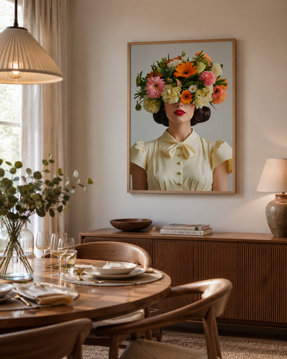 A framed art print hanging on a beige wall in a dining room setting. The print features a portrait of a woman with a large, colorful bouquet of flowers covering her eyes, wearing a pale yellow blouse.