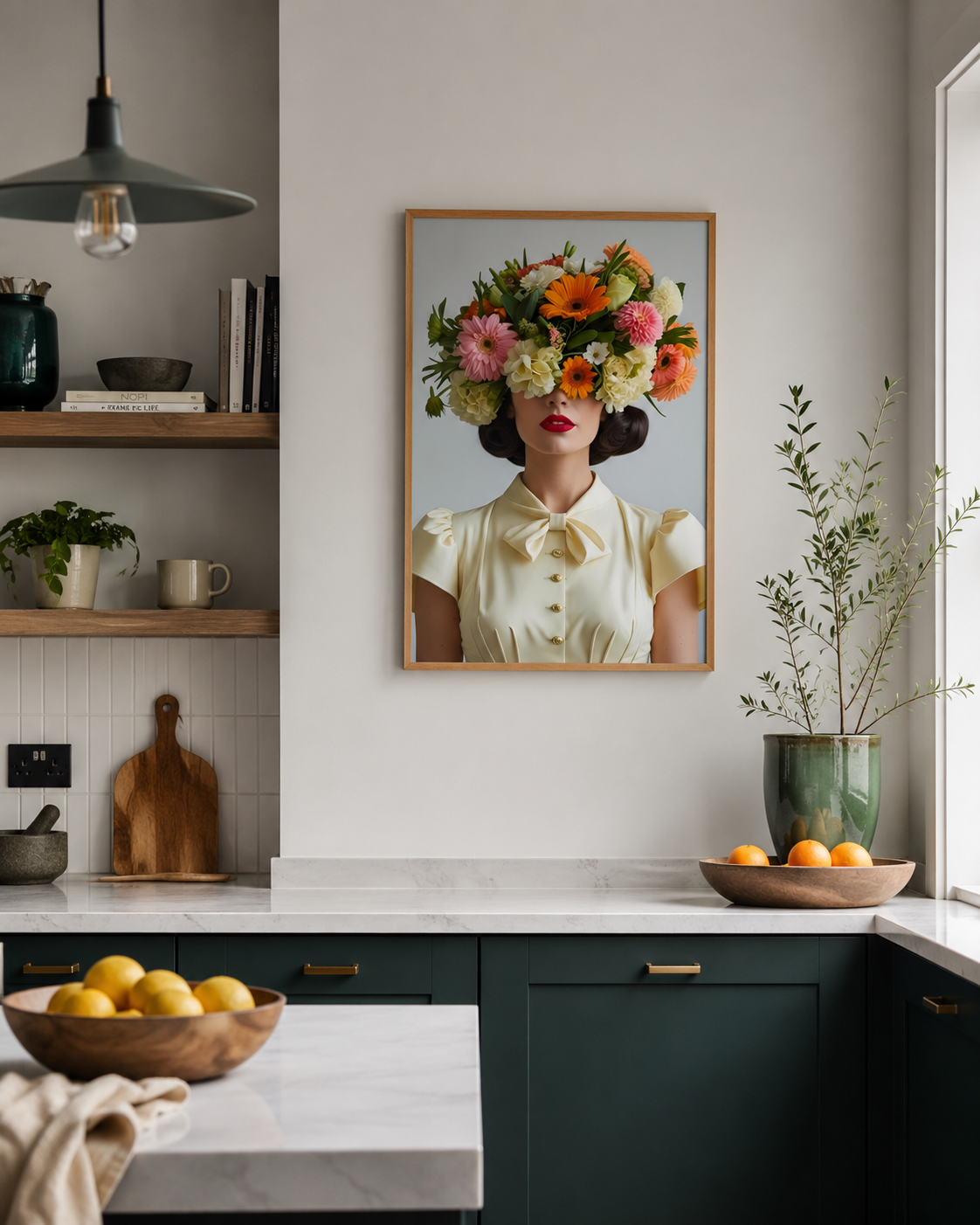 A framed art print featuring a retro-style portrait of a woman with a large flower crown, displayed on a kitchen wall above a marble countertop.