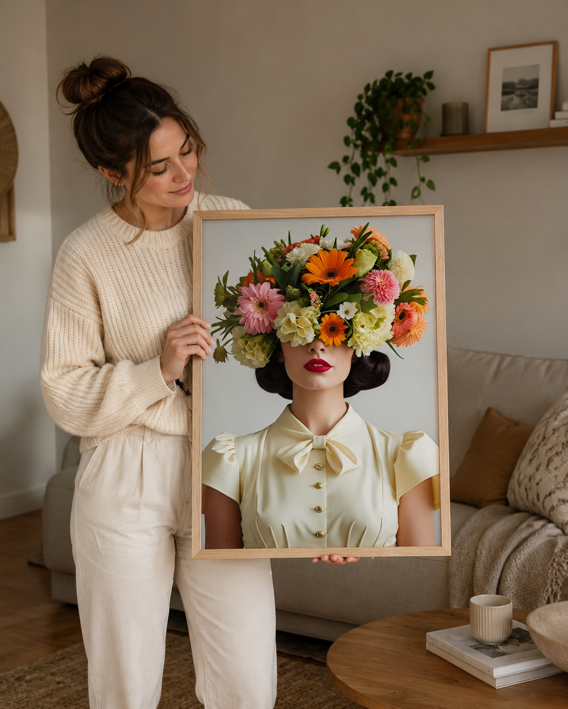 A woman in a cream ribbed sweater and matching pants holds a large framed portrait print in a cozy living room. The artwork shows a woman with dark hair, a pale yellow blouse, and a large colorful flower crown.