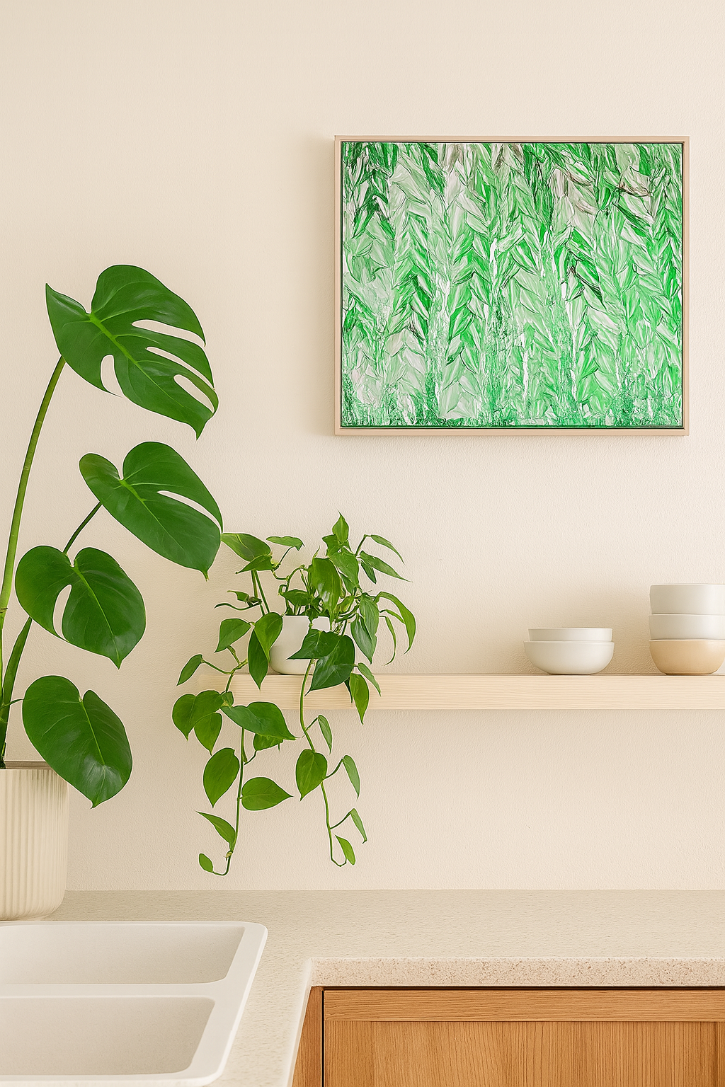 A framed abstract green and white leaf-pattern wall art piece hangs on a beige wall above a shelf with white bowls, next to potted green plants in a bright interior setting.