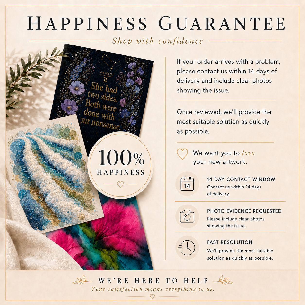 Promotional graphic with artwork and text about a happiness guarantee policy.