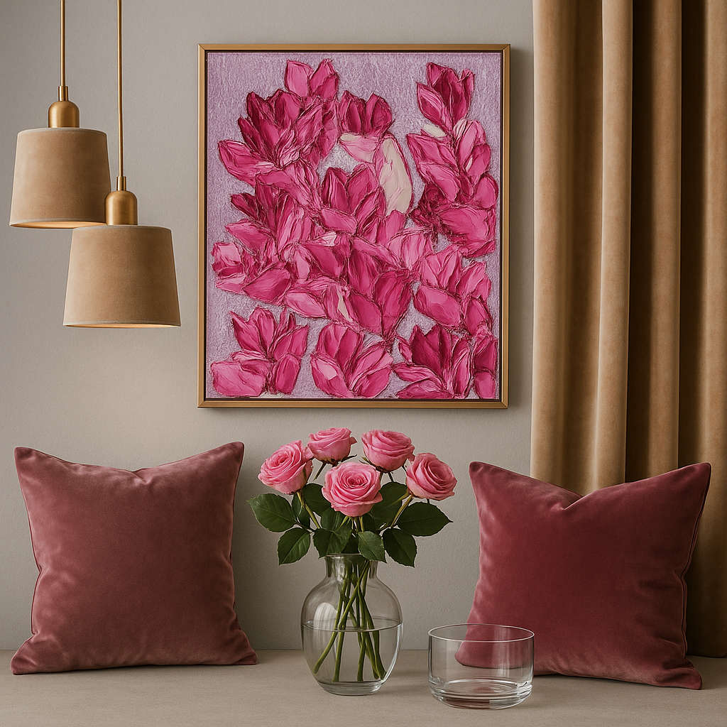 A framed floral wall art piece with large pink flowers on a lavender background, displayed above two pink pillows and a vase of pink roses in a styled interior setting.