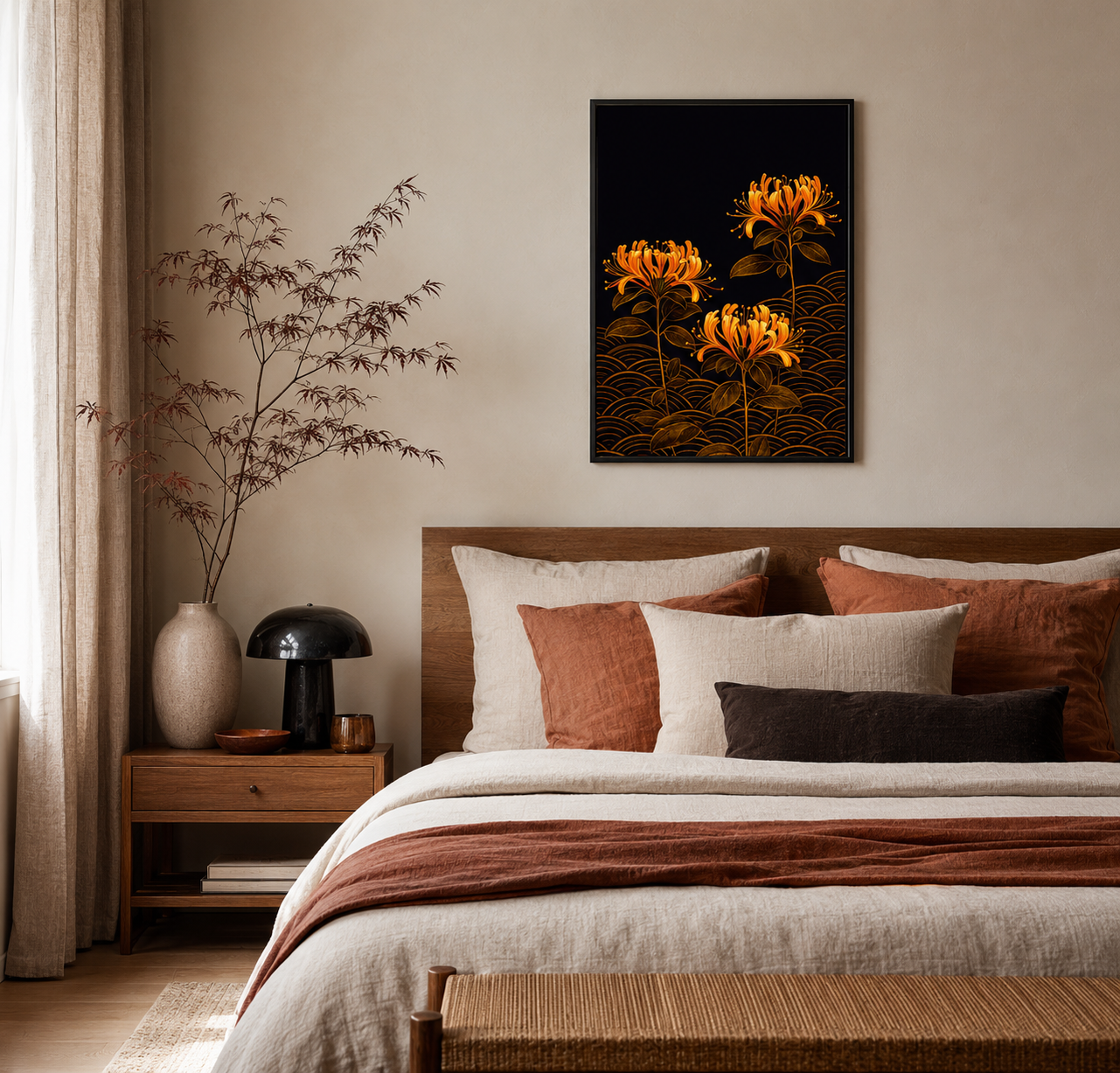A framed wall art print featuring three glowing orange flowers on a black background, displayed above a neatly made bed in a warm, modern bedroom setting.