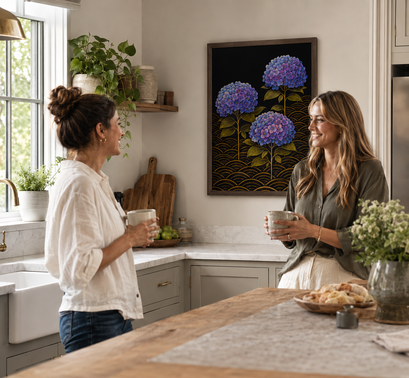 Two women holding mugs of coffee in a bright, modern kitchen, with a framed art print of purple hydrangeas hanging on the wall behind them.
