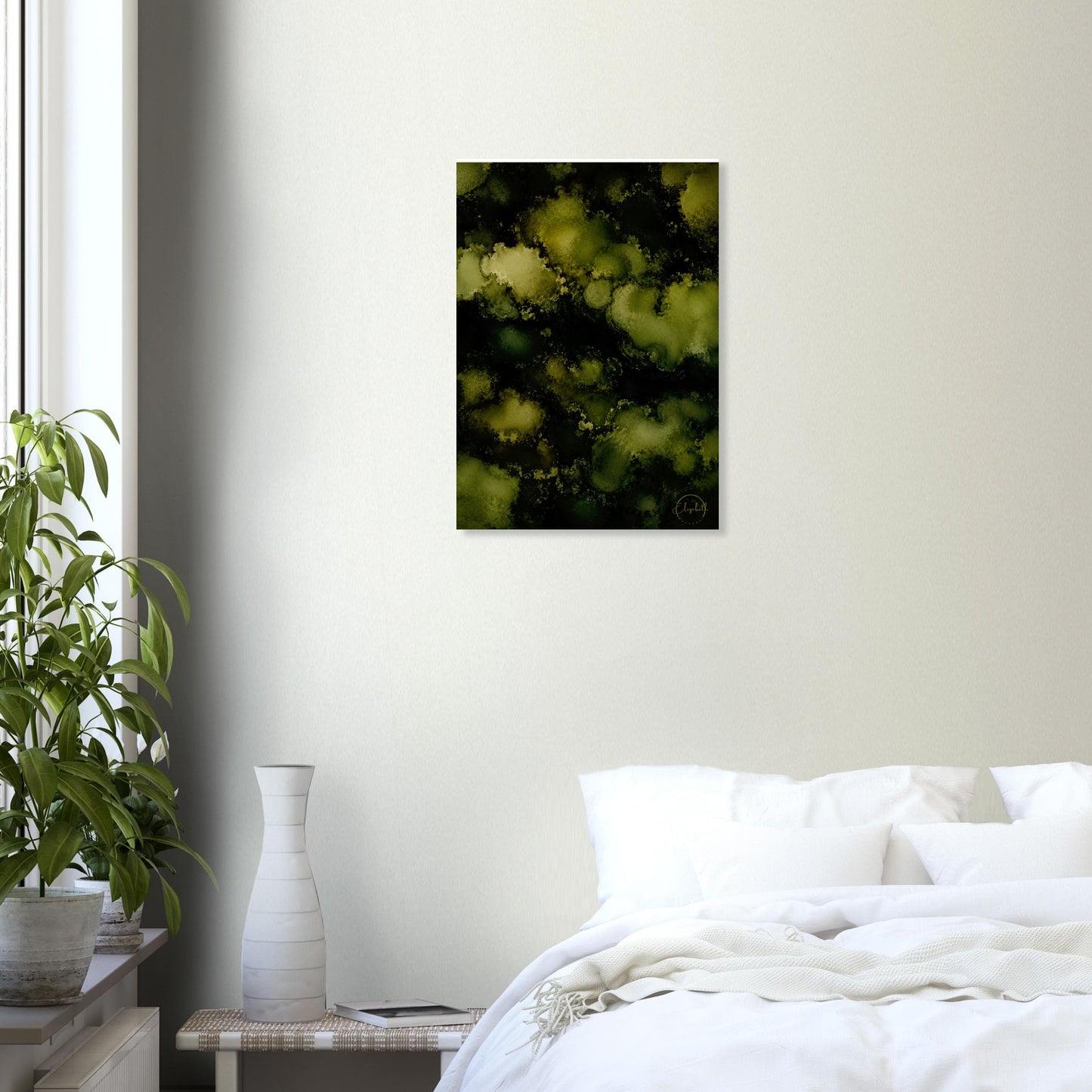 Moody green floral giclee print inspired by original alcohol ink artwork. Deep forest greens, shadowed blooms. Printed on 200gsm FSC paper. Ships worldwide.