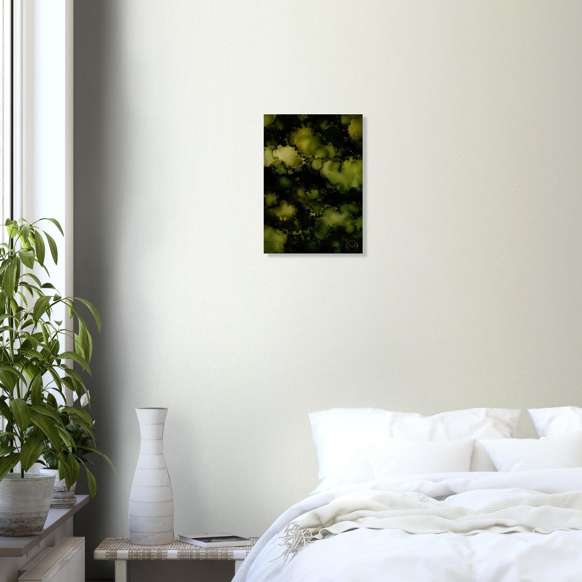 Moody green floral giclee print inspired by original alcohol ink artwork. Deep forest greens, shadowed blooms. Printed on 200gsm FSC paper. Ships worldwide.