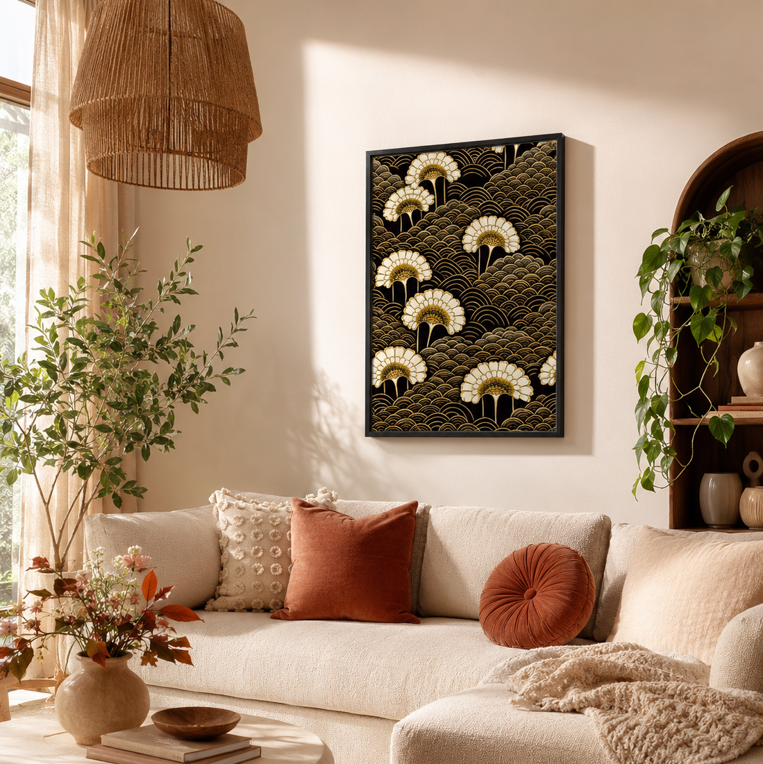 A framed wall art print featuring cream flowers on a dark olive background, displayed in a warm, modern living room above a beige sectional sofa with decorative cushions.

Blooming Under a Full Moon is the most immersive print in the Night Garden series. Cream and gold chrysanthemum fan blooms emerge from every corner of a dense field of dark seigaiha waves, their layered petals luminous against the black, their golden centres glowing like small moons scattered across the composition. There is no sky, no ho