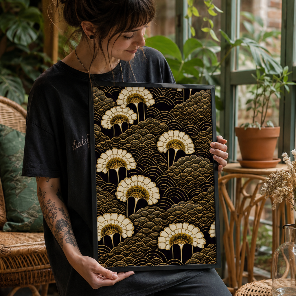 A woman in a black t-shirt and dark pants holds a framed art print featuring a Japanese-style ginkgo leaf pattern in cream and gold on a black background, set in a lush indoor garden environment.