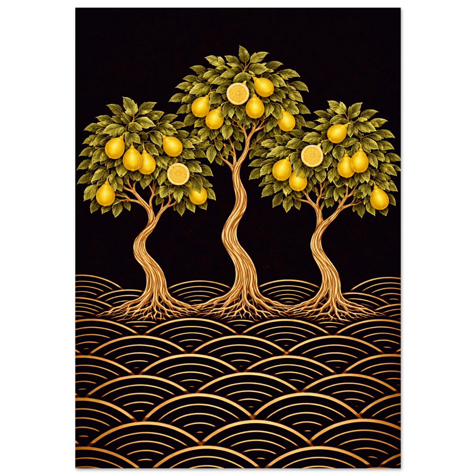 A Japanese-inspired lemon tree giclée print in yellow, gold and black. Bold citrus botanical wall art for kitchens, dining rooms and Japandi interiors. Free worldwide shipping.
