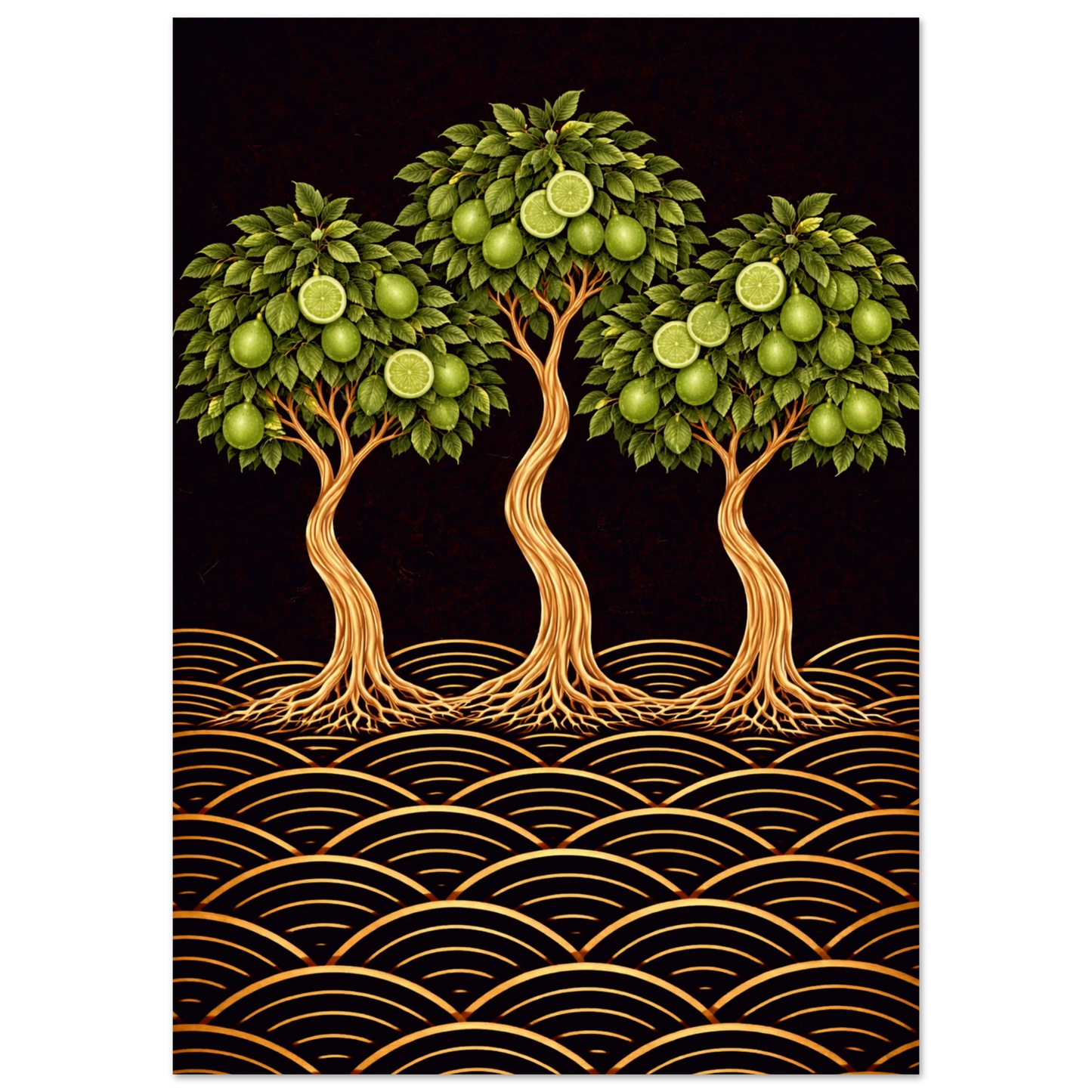 A Japanese-inspired lime tree giclée print in green, gold and black. Bold botanical wall art for kitchens, dining rooms and Japandi interiors. Free worldwide shipping.
