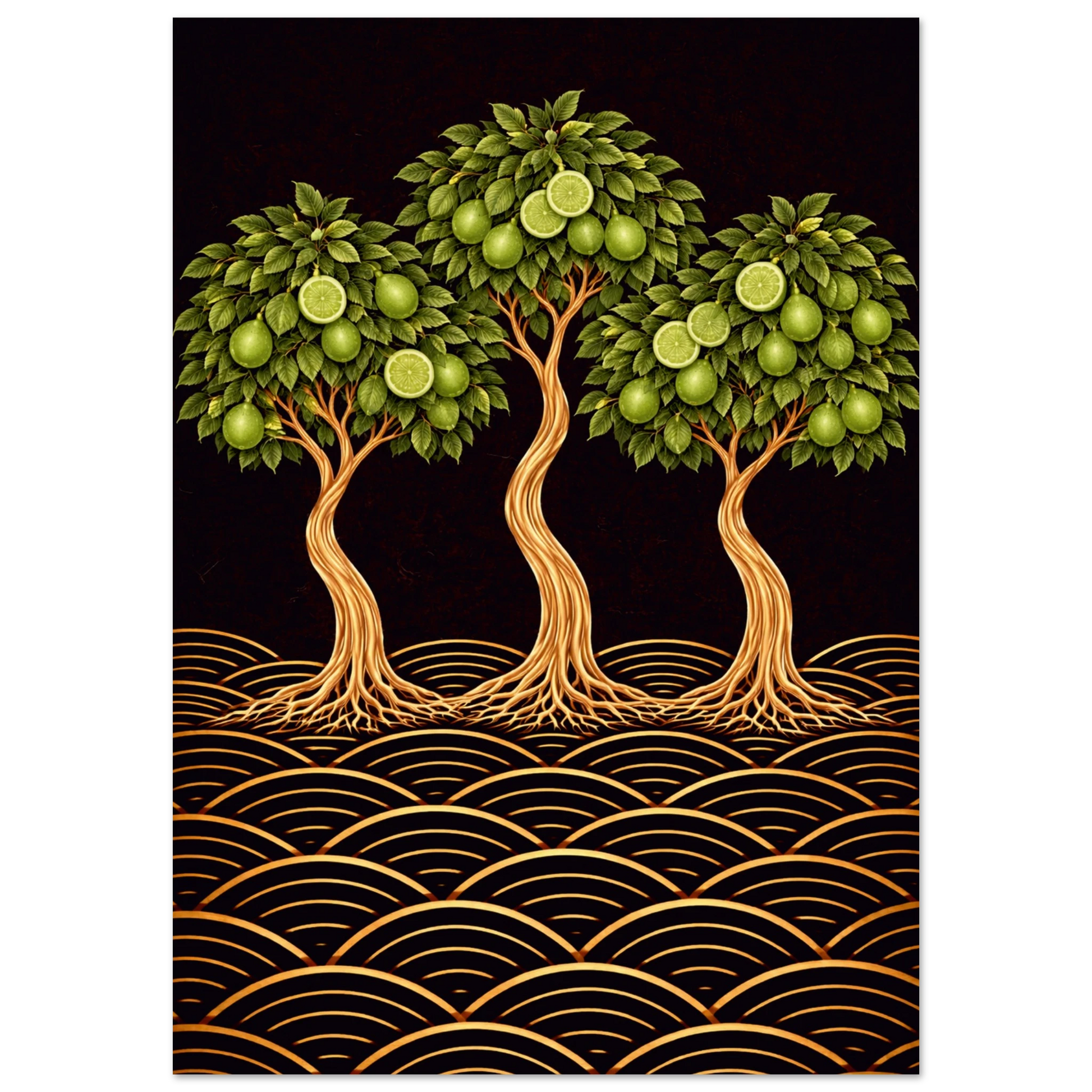 A Japanese-inspired lime tree giclée print in green, gold and black. Bold botanical wall art for kitchens, dining rooms and Japandi interiors. Free worldwide shipping.