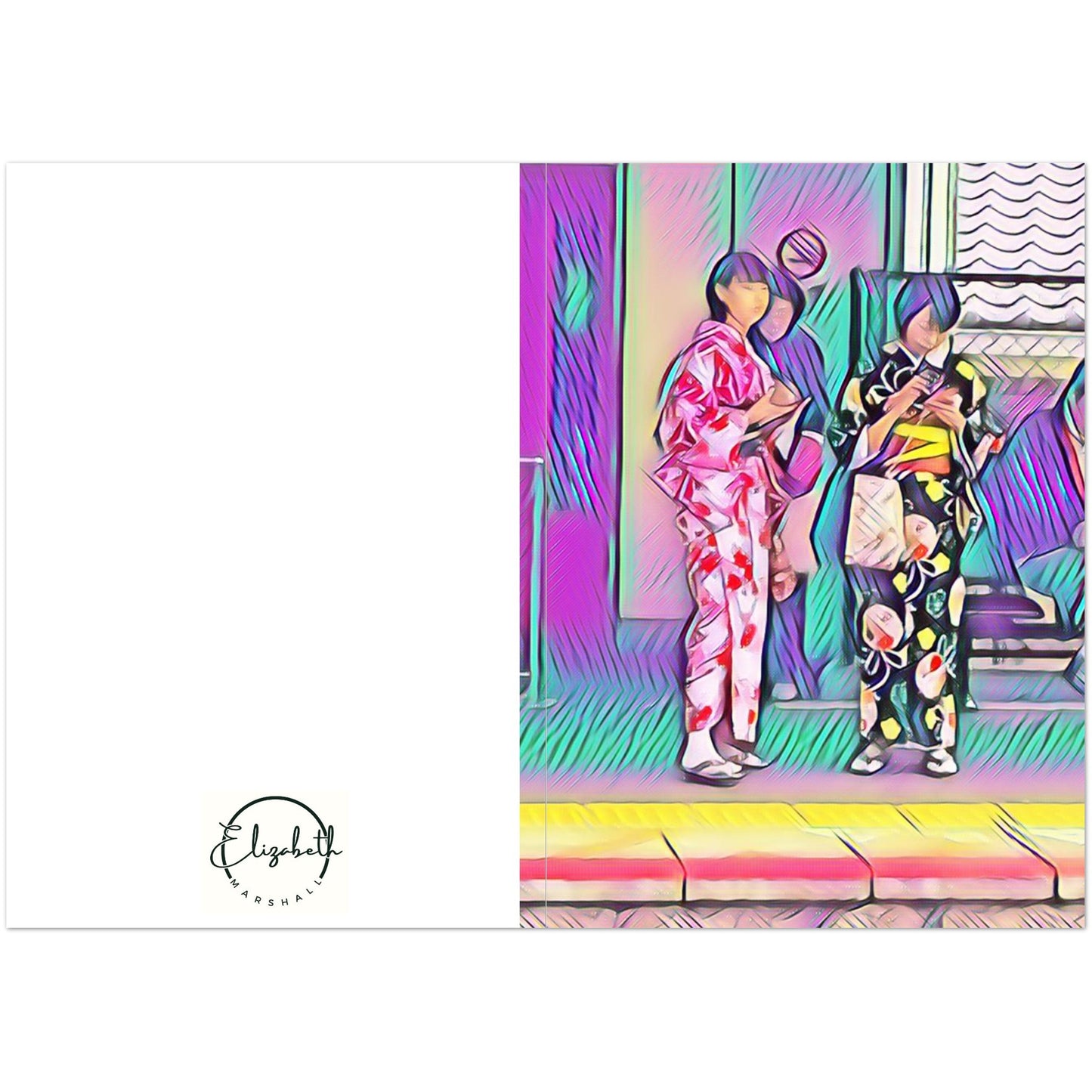 flat lay card Two women in silk kimono, electric purple and neon pink, caught mid-moment on the steps of Hiroshima Station. Hiroshima Station embraces colour, the architecture dissolving into bold teal and yellow behind them, the whole scene humming with the energy of a city that refuses to be anything but alive.