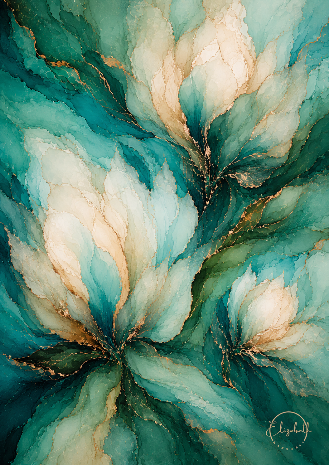 Abstract floral painting featuring large magnolia-like blossoms in teal, aqua, cream, and soft green with metallic gold veining, filling the entire frame.