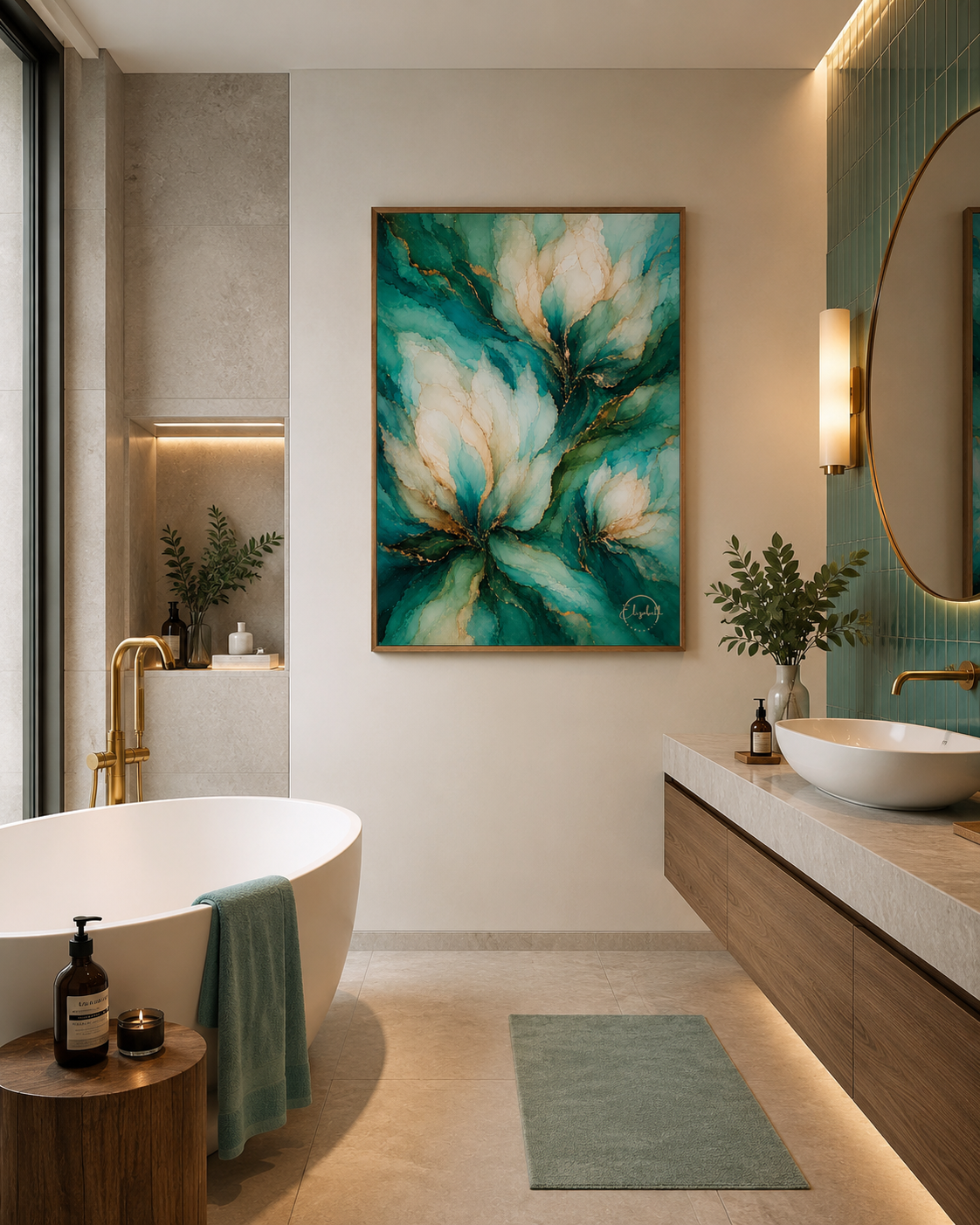 A framed abstract floral painting in teal, green, and cream hangs on a beige wall in a modern bathroom with a freestanding white tub, wood vanity, and round mirror.
