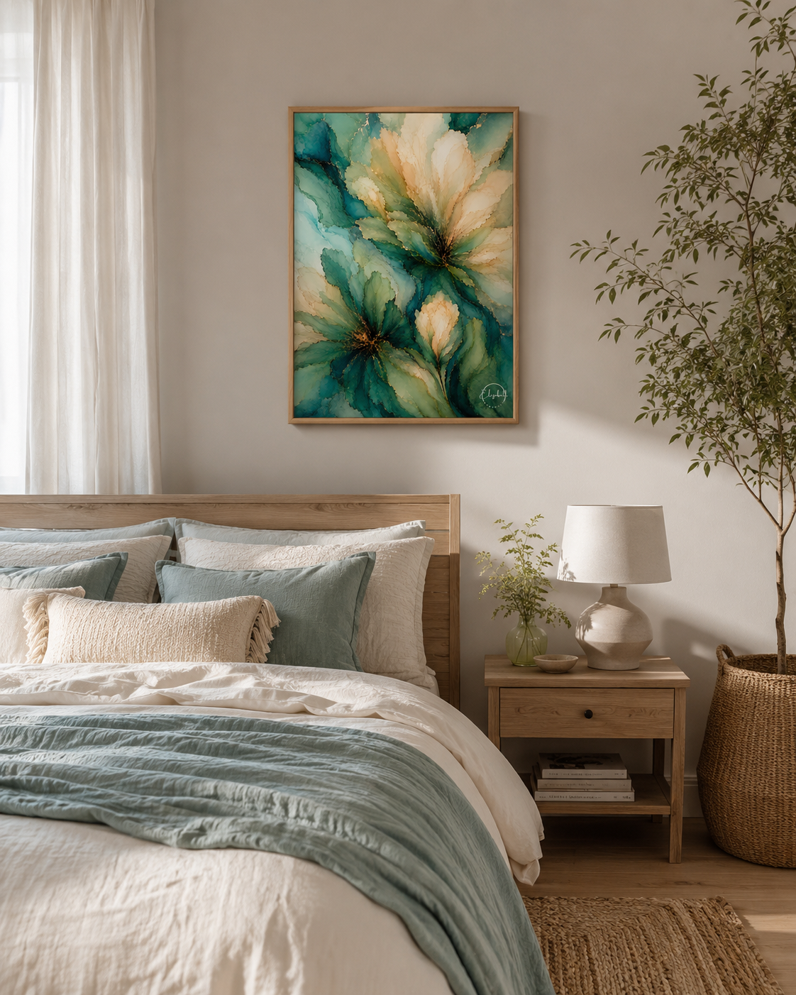 A framed abstract floral painting in teal, green, cream, and gold hangs above a neatly made bed in a softly lit bedroom with a wooden headboard, white bedding, a nightstand, lamp, and potted plant.