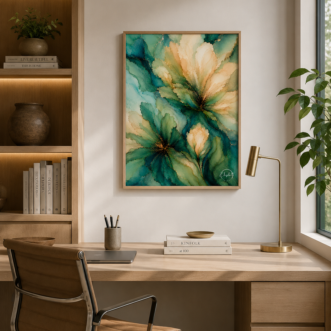 A framed abstract floral painting with teal, green, and cream tones hangs on a light wall above a wooden desk in a modern home office setting with a chair, lamp, and shelving.