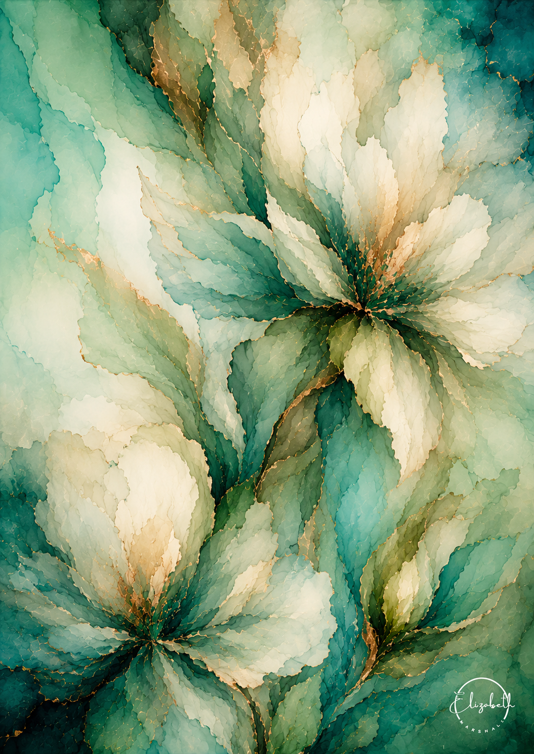 Abstract watercolor floral artwork featuring large soft-edged blossoms in teal, aqua, cream, and touches of warm gold-brown, with a small circular artist signature in the lower right.