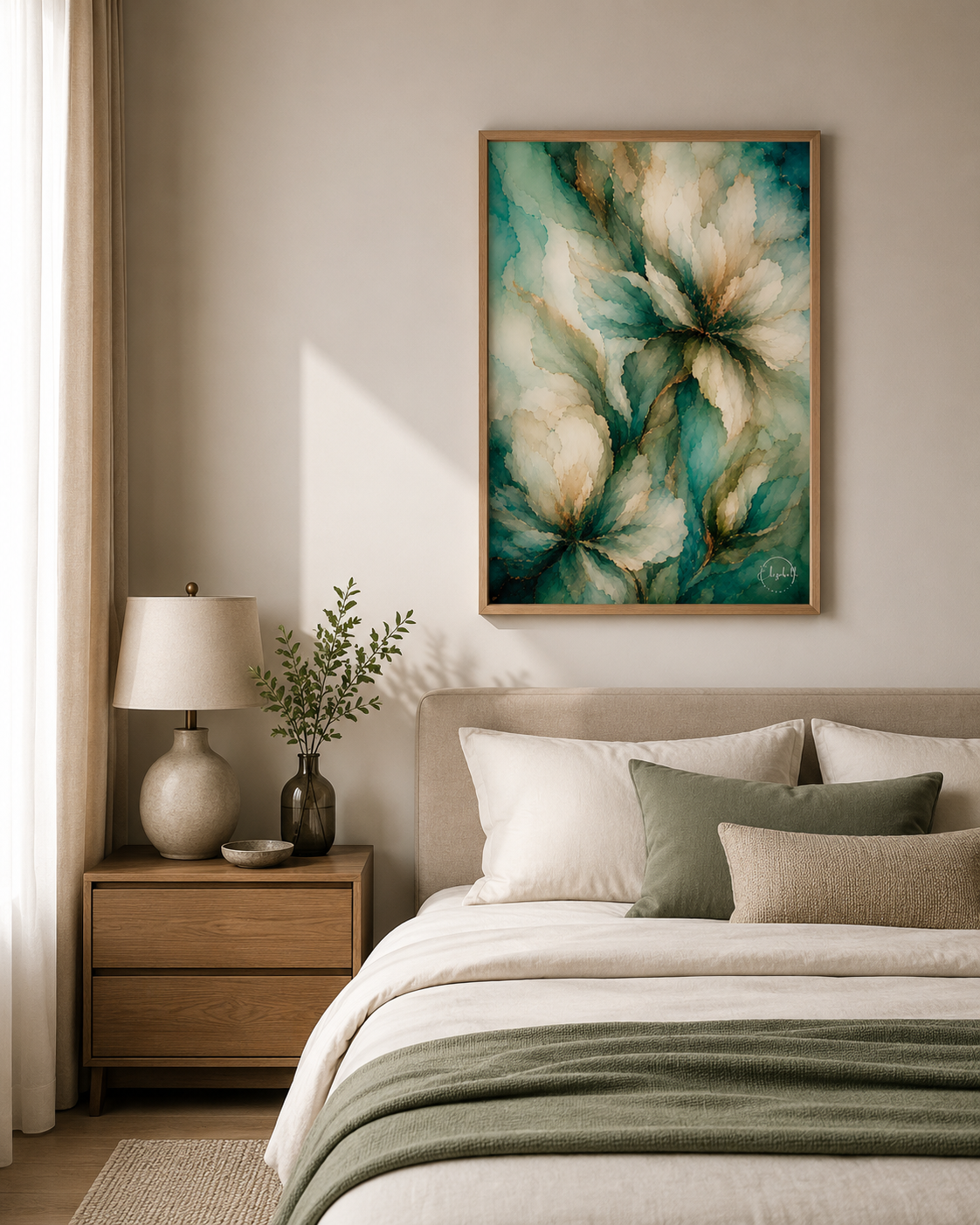 A framed abstract floral painting in teal, cream, and green hangs above a neatly made bed in a softly lit bedroom. The scene includes a wooden nightstand, lamp, vase with greenery, and neutral bedding.