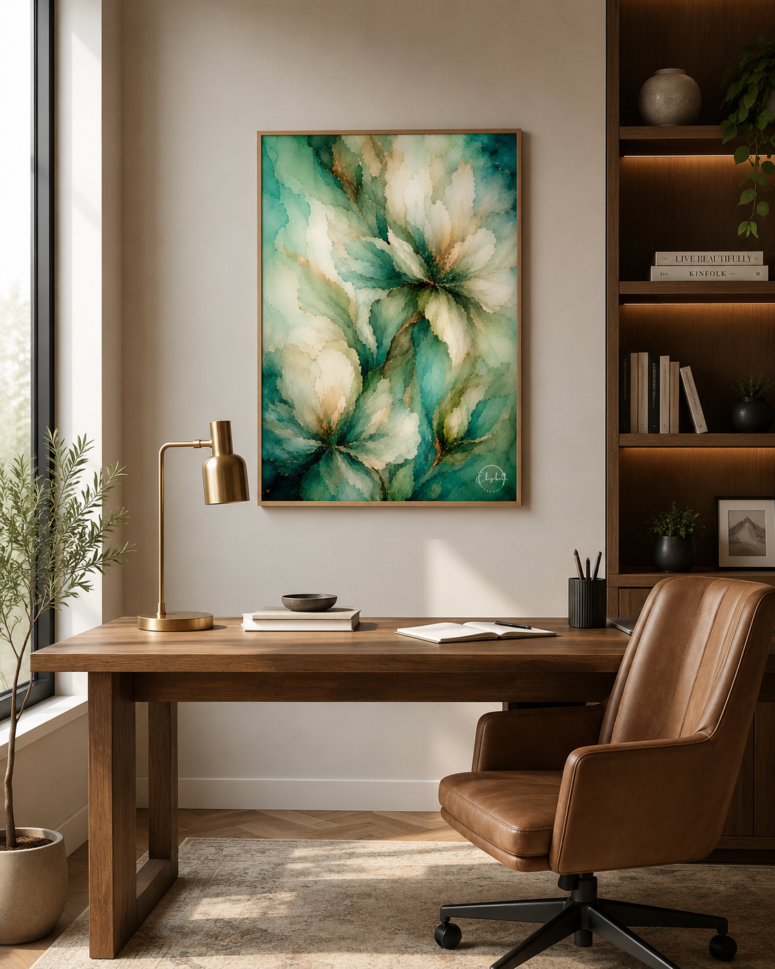 A framed abstract floral wall art print in teal, cream, and green tones hangs above a wooden desk in a styled home office with a brown leather chair, lamp, books, and shelving.