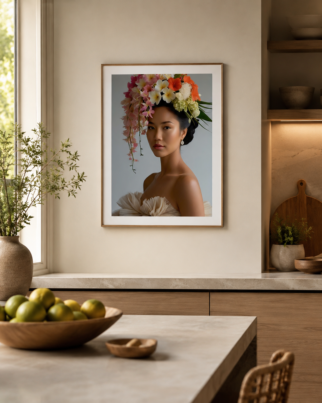 A framed art print featuring a portrait of an Asian woman with a vibrant floral crown, displayed on a beige wall in a modern kitchen setting.