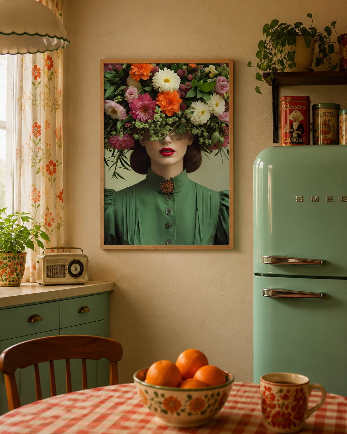 A framed art print featuring a woman in a green dress with a large colorful flower crown, displayed on a beige wall in a retro-style kitchen next to a mint green refrigerator.