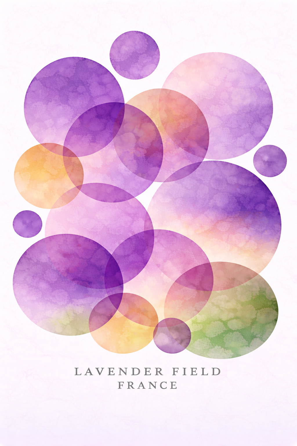 Abstract watercolor art print featuring overlapping translucent circles in shades of purple, lavender, peach, yellow, and green on a white background, with the text 'LAVENDER FIELD FRANCE' printed below.