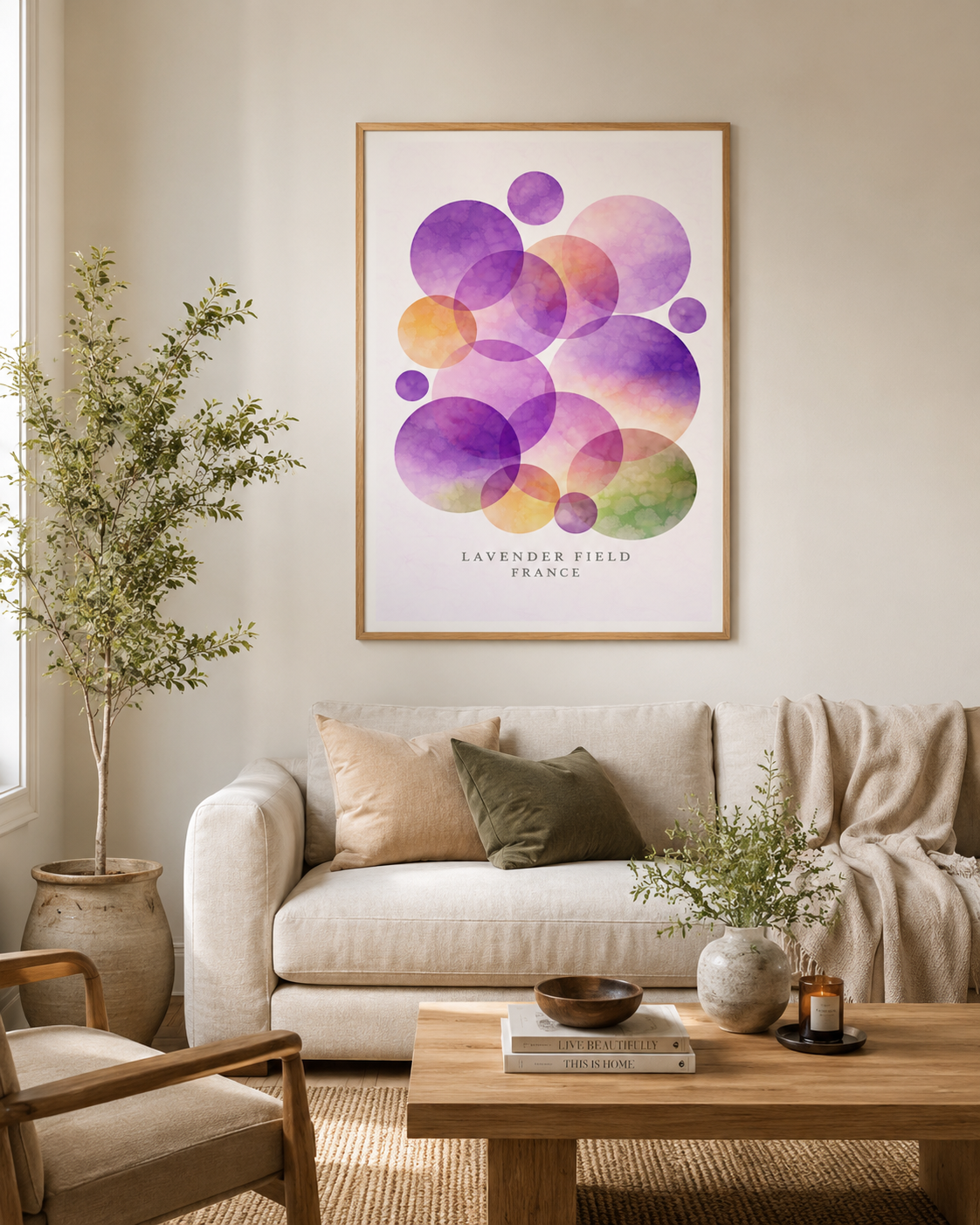 A framed art print featuring overlapping watercolor circles in purple, orange, yellow, and green on a white background, with the text 'LAVENDER FIELD FRANCE' at the bottom. The print is displayed on a beige wall above a light-colored sofa in a modern, sunlit living room.