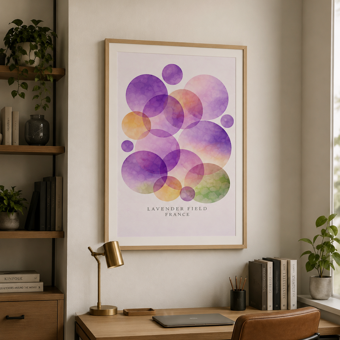A framed art print featuring overlapping watercolor circles in purple, pink, orange, and green on a white background, with the text 'LAVENDER FIELDS FRANCE' at the bottom. The frame hangs on a beige wall above a wooden desk with a brass lamp, books, and a brown leather chair.