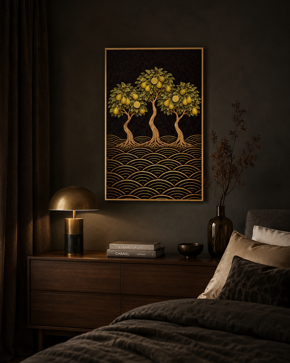 A Japanese-inspired lemon tree giclée print in yellow, gold and black. Bold citrus botanical wall art for kitchens, dining rooms and Japandi interiors. Free worldwide shipping. in a bedroom 